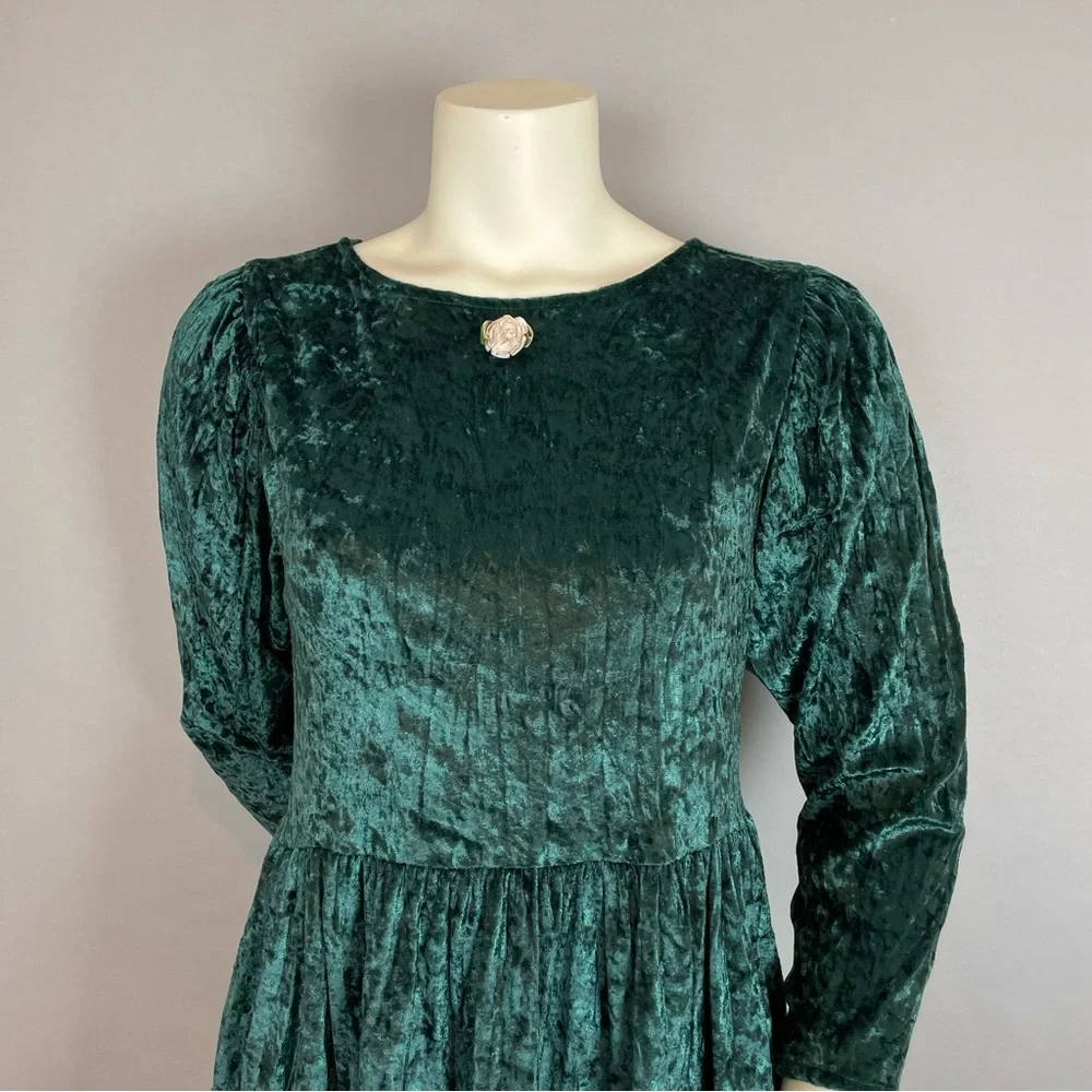 Vintage Crushed Velvet Babydoll Dress Green Christmas Girls Sz 14 Rosette Tiered